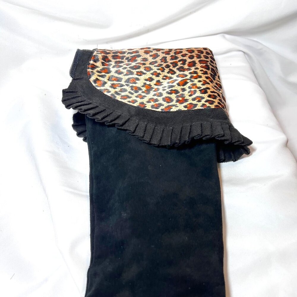 Hot In Hollywood-Black Leather Over Knee 4" Heels-Cheetah Print Inside-Ruffle-6M - Picture 6 of 16